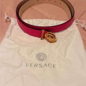 Versace Hot Pink Leather Belt with Gold Medusa Disc Buckle